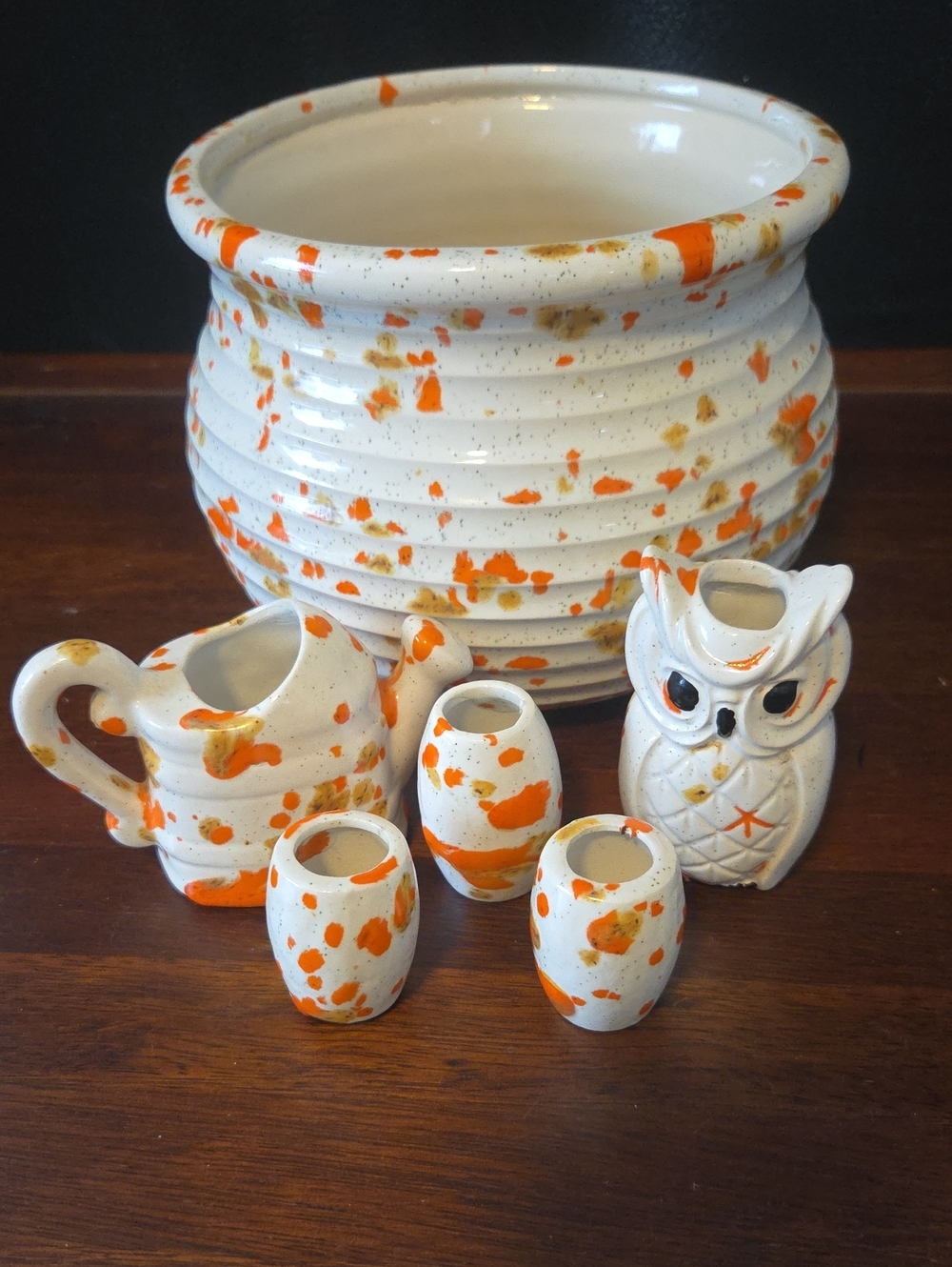 Vintage Handcrafted Ceramic Planter And Bead Set in White with Orange Splatter